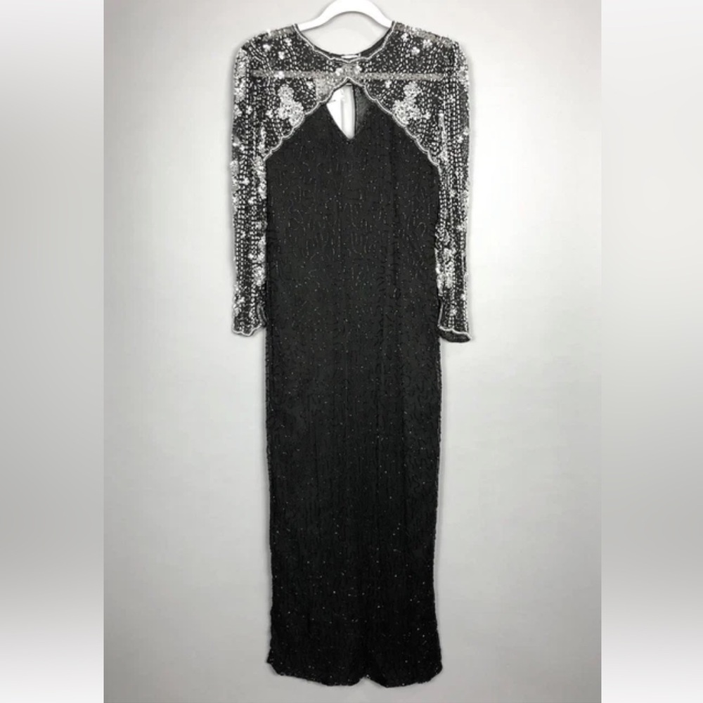 VTG Laurence Kazar Maxi Beaded Evening Cocktail Beaded Gown Dress M Petite Black